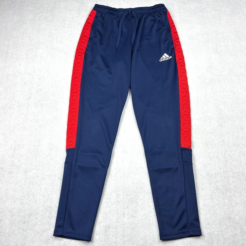 Adidas Mens Small Navy Blue Red Textured Side Stripe Soccer Track Pants FM0894